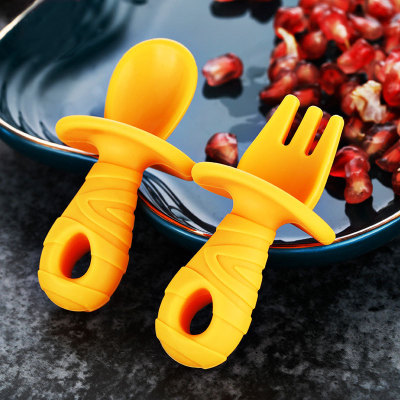 Infant Children's Full Silicone Short Handle Spoon Fork Training Complementary Food Eating Soft Spork Tableware Set