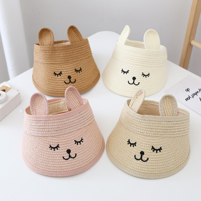 Children's Topless Hat Baby Summer Big Brim Sun Hat Hand-Woven Straw Hat Boys and Girls Cute Expression Visor Cap