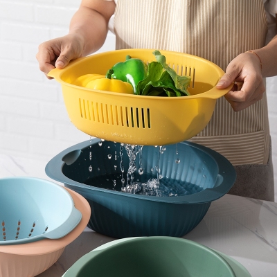 Double-Layer Vegetable Washing Basket Plastic Drain Basket Bowl Strainer Fabulous Rice Washing Gadget Vegetable Basket Hot Pot Household Kitchen Washing Fruit Plate