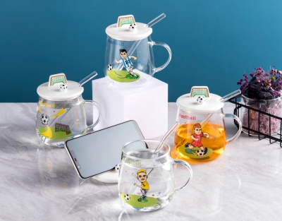 Basketball Football Glass Cartoon Breakfast Cup Children's Creative Milk Coffee Cup Lid Straw Transparent Mug