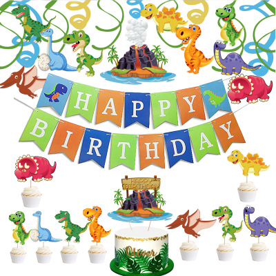 Cartoon Dinosaur Birthday Pulling Banner Cake Insertion Article Spiral Ornaments Party Suit Children Dinosaur Theme Birthday Arrangement