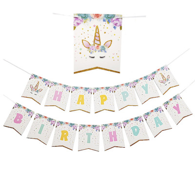 Unicorn Birthday Party Decoration Paper Glitter Bunting Happy Birthday Bronzing Hanging Flag Latte Art