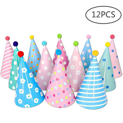 Cross-Border 12 String Color Party Hat Pompon Paper Hat Baby Birthday Full-Year Layout Birthday Hat Wholesale