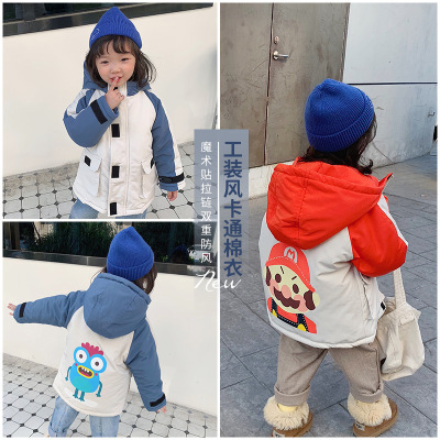 Wakaku Anti-Season Children Colorblock Hood Cartoon Cotton Coat Boys and Girls Padded down Jacket Fall Winter Coat