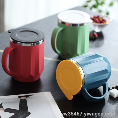 S42-3021 Couple Coffee Milk Tea Drinking Cup with Lid Double-Layer Sealed Office Cup 304 Stainless Steel Mug Cup