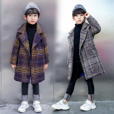 Children's Clothing Boys' Coat Middle and Big Children's Autumn and Winter Thickening Coat Western Style Woolen Coat Mid-Length Children's Woolen Coat