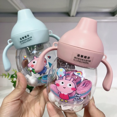 Children's Sippy Cup Infant Cartoon No-Spill Cup with Scale Gravitational Ball Handle Back Rope