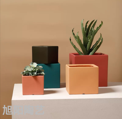 Nordic Style Morandi Ins Ceramic Magnesium Oxide Cement Square Flower Pot Green Plant Flower Pot Simple