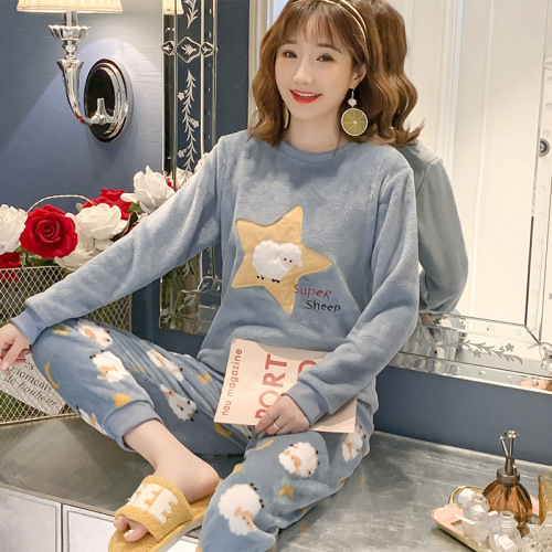 autumn and winter coral fleece pajamas women‘s winter warm thickened fleece plush cute flannel winter homewear suit