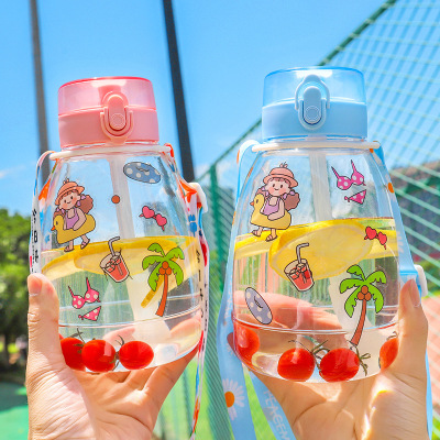 Summer Large Capacity Internet Celebrity Big Belly Cup Cartoon Cute Stickers Cup with Straw Portable Lanyard Strap Female Student Sports Cup