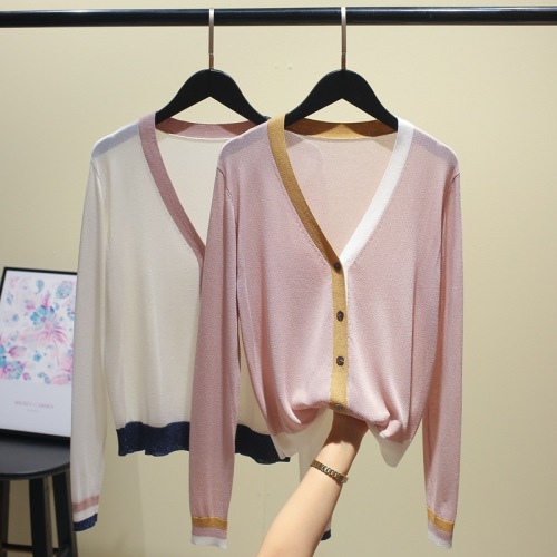 summer new v-neck loose long sleeve thin ice silk sweater outer wear air conditioning cardigan sun protection top coat female