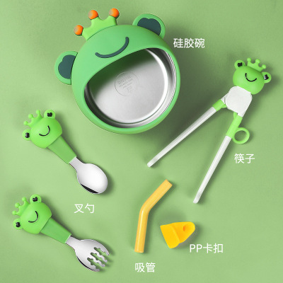 Children's Liquid Silicone Bowl Set Frog Cartoon Baby Rice Bowl Complementary Food with Straw Training Tableware