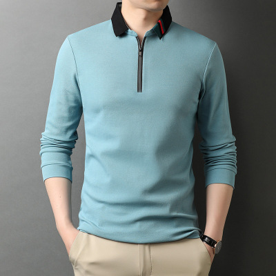 2021 Autumn New Long-Sleeved T-shirt Men's Solid Color plus Size T-shirt Men's Zipper and Lapel Dad's Polo Shirt