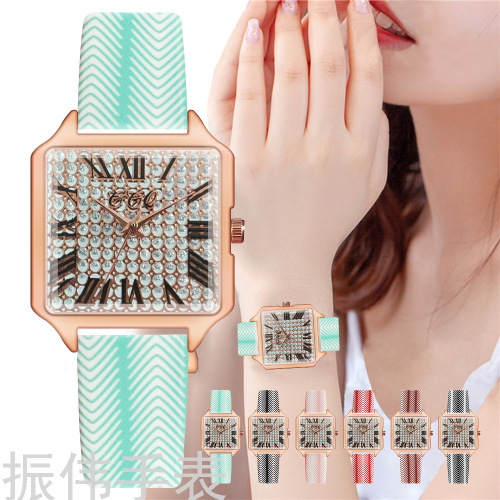 popular fashion women‘s watch square small green watch in tiktok live studio golden belt roman full diamond literal women‘s watch