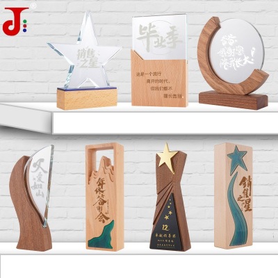 Crystal Wooden Trophy Creative Beech Crystal Pentagram Color Printing Trophy Customized Laser Engraving Licensing Authority Medal