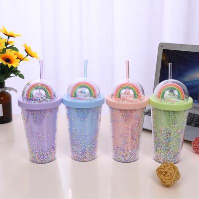 New Creative Rainbow Plastic Water Cup Fashion Large Capacity Ladies Cup with Straw Mori Style Double Layer Colorful Beads Chang Beverage Cup