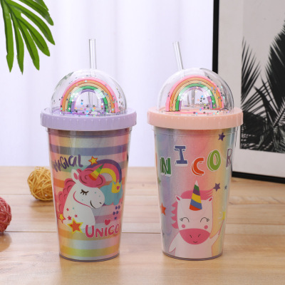 Factory Custom Pattern Gift Cup Plastic Sippy Cup Unicorn Ins Double Plastic Cup Water Cup Stock