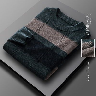 Woolen Sweater Men's 100 Pure Wool round Neck Thickened Middle-Aged and Elderly Men's Sweater Autumn and Winter Striped Knitted Bottoming Shirt