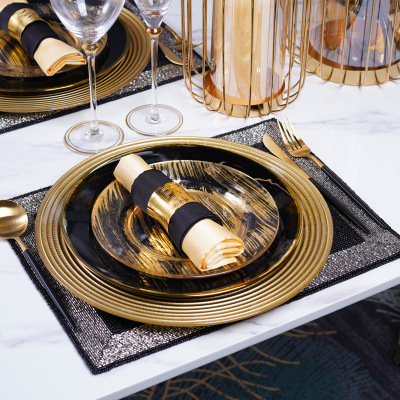 Western Cuisine Plate European-Style Modern Model Room Tableware Set Table Display Set Black Golden Edge