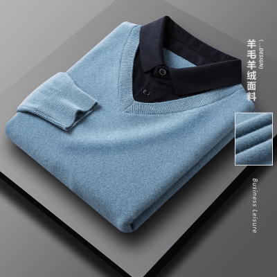 Men's Wool Cashmere Sweater False Two-Piece Shirt Collar Sweater Middle-Aged Business Leisure Autumn and Winter Thickened Knitting Sweater