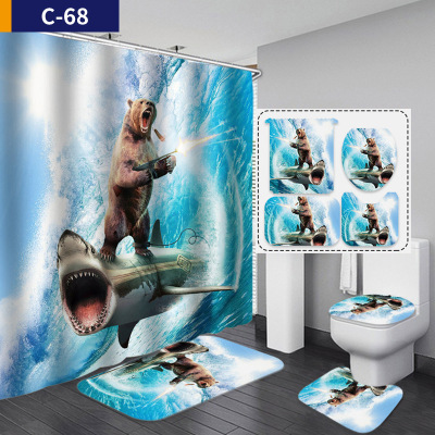 Customized Digital Printing Underwater World Shower Curtain Floor Mat Four-Piece Bathroom Waterproof Marine Pattern Shower Curtain