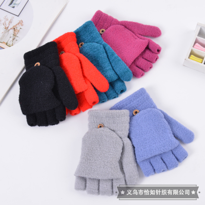 Autumn and Winter Plush Gloves Men's Flip Half Finger Warm Gloves Open Finger Female Cycling Student Writing Dual-Use Gloves