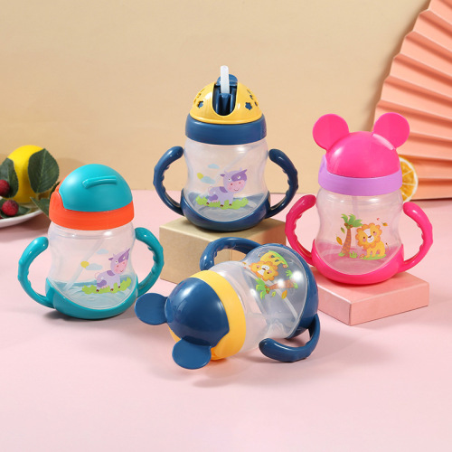 Children‘s Straw Water Cup Kindergarten Baby Cartoon Drinking Cup Slide Cover with Handle Portable Water Cup Factory Wholesale
