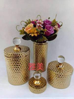 Ceramic Vase with Lid Electroplated Gold
