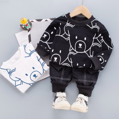 Cute Tail Bear Children's Clothing 0-4 Years Old Boys Spring Clothing Cartoon round Neck T-shirt Children's Casual Long Sleeve Sweatshirt Suit Wholesale