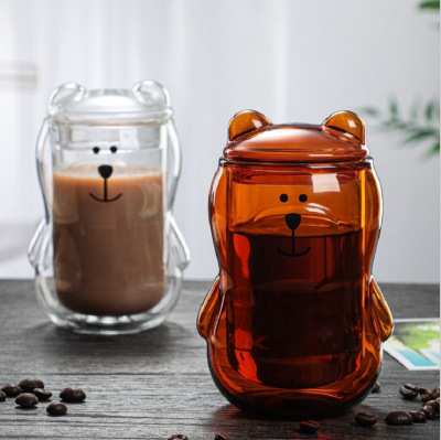 Double Wall Cute Bear Glass Water Cup Personalized Coffee Cup Milk Cup Juice Cup Insulated Cup with Lid