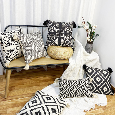 Morocco Ins Simple Black and White Three-Dimensional Yarn-Dyed Tassel Pillow Cover Square Amazon New Home Cushion