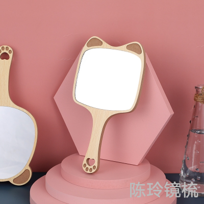 Wooden Girl Dressing Hand-Hold Mirror Cute Animal Wooden Handle Makeup Mirror Female Student Dormitory Mirror Wedding Handheld Mirror