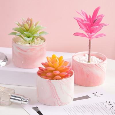 Artificial/Fake Flower Bonsai Succulent Plants Pot Marbling Ceramic Flowerpot