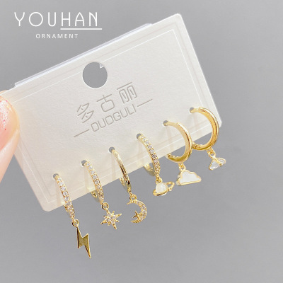 Micro Inlaid Zircon Geometric Three-Piece Set Ear Clip Small Personality One Card Three Pairs Combination Earrings Earrings Female Accessories Wholesale