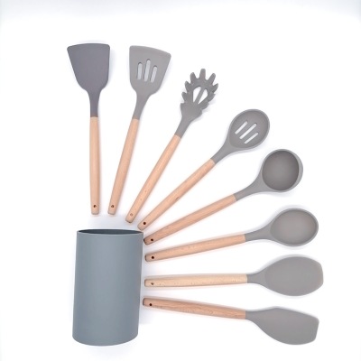 Amazon Hot Sale Wooden Handle Silicone Kitchenware 8-Piece Set Kitchen Tools Spatula Set