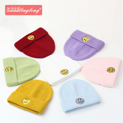 Autumn and Winter New Earlap Woolen Hat Korean Smiley All-Matching Embroidered Knitted Hat Outing Solid Color Sleeve Cap