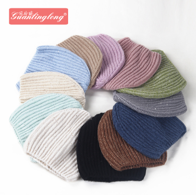 Hat Autumn and Winter Women's Korean Fashion Knitted Hat Warm Earflaps Cap Sleeve Cap European and American Foreign Trade Custom Silver Silk