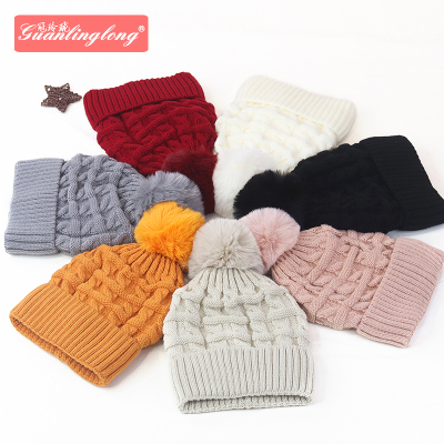 Hat Women's Korean-Style New Hat Fur Ball Thickened Coarse Yarn Knitted Hat Autumn and Winter Warm Earflaps Cap Student Fleece-Lined