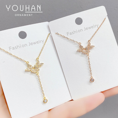 Korean Style Fashion Micro Inlay Three Butterfly Necklace Female New Tassel Clavicle Chain Female Minority Simple Ornament Wholesale