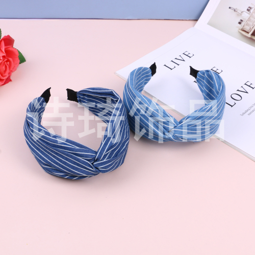 Blue and White striped Korean Headdress Wide-Brimmed Fabric Knotted Headband Sweet Simple Hair Pressing Hairpin Super Fairy All-Match Headband