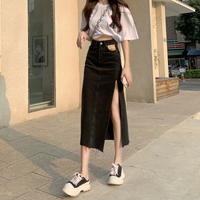 Summer 2021 New Korean Style High Waist Slit Denim Skirt Women's Slimming A- line Sheath Mid-Length Skirt