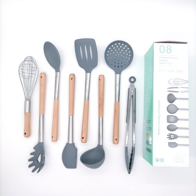Amazon Hot Sale Kitchen Tools Stainless Steel Beech Handle Silicone Kitchenware High Temperature Resistant Silicone Kitchenware 8-Piece Set