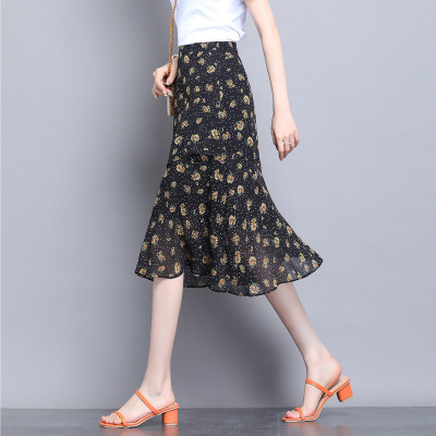 Floral Chiffon Skirt for Women 2021 Summer New Fashion Mid-Length High Waist Irregular Hip-Wrapped Dress