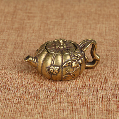 Antique Copper Mini Small Copper Pot Carved Carp Lotus Pure Copper Teapot Water Drop Fortune Crafts Pot Hand Pieces