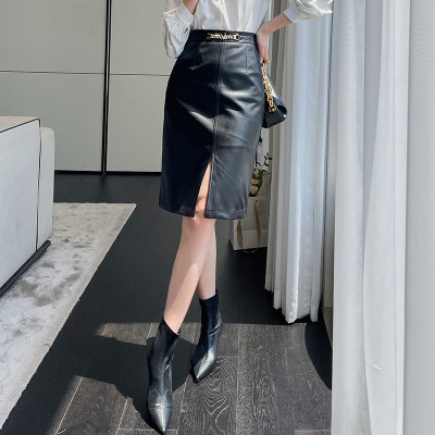 [Including That] Women's High Waist All-Matching Skirt 2021 New Autumn Clothes Ol Elegant PU Leather A- line Skirt Female M1202