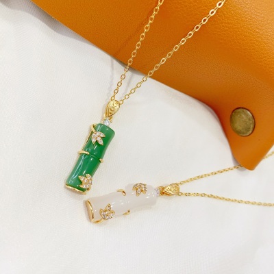 Temperament Wild Bamboo Joint Pendant Necklace Female Ethnic Style Ancient French Sand Gold Inlaid with Jade Necklace Cold Style Clavicle Chain Tide