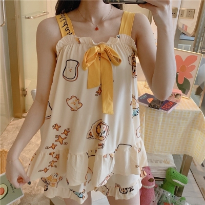 Popular Korean-Style Suspender Pajamas Women's Two-Piece Suit Casual Cartoon Student Girl Princess-Style Home Wear