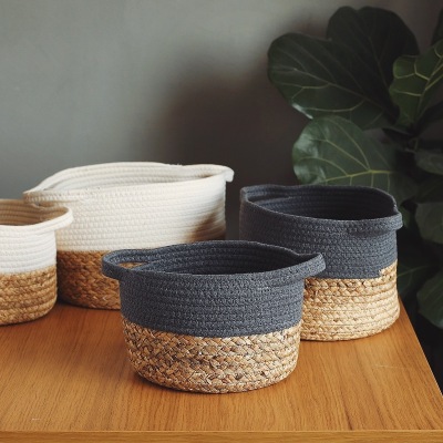 Nordic Ins Straw Woven Cotton Braided Hand Woven Storage Basket Clothing Toys Desktop Storage Basket Cross-Border Amazon