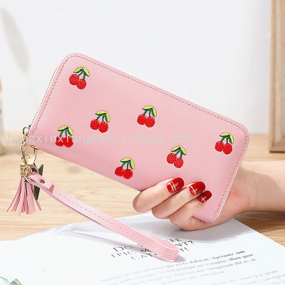 Popular Hot Sale New Cherry Long Wallet Women's Embroidered Korean Fashion Clutch Coin Purse with Card Slot Custom