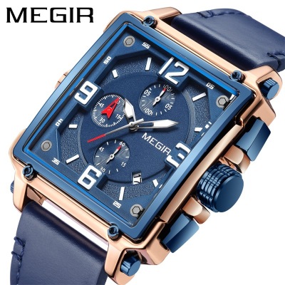 Megir Megir Fashion Light Retro Men's Watch Square Multi-Function Chronograph Calendar Leather Watch 2061